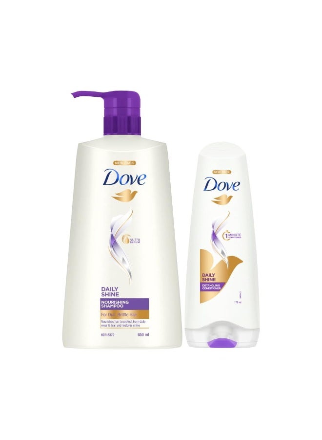 دوف شامبو دوف ديلي شاين 650 مل وبلسم دوف ديلي شاين 175 مل، مجموعة | للشعر التالف أو المجعد | غني بسيروم مغذي - Image 1